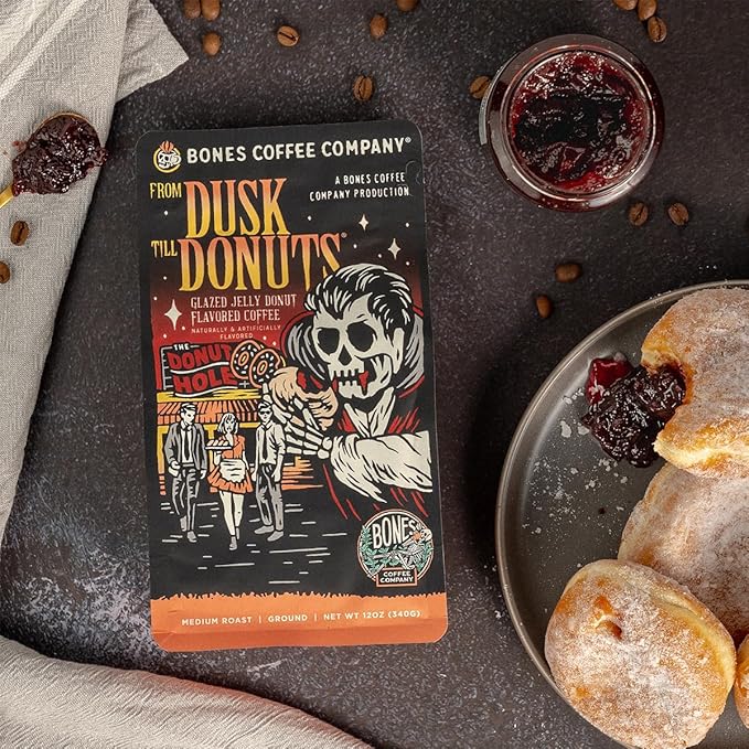 Bones Coffee Company From Dusk Till Donuts Jelly Donuts Flavored Coffee, Medium Roast Low Acid Arabica Beans Compatible with Auto drip and French Press Coffee Maker, 12 Oz Ground