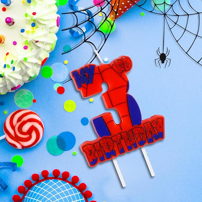 Spider Birthday Party Decorations, Number 3 Red Spider Web Happy Birthday Cake Candle for Boys Girls Spider Web 3rd Birthday Party Supplies (Spider Web 3rd Candle)