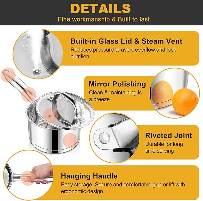 E-far 15-Piece Stainless Steel Cookware Set, 3-Ply Base Kitchen Pots and Pans Set, Non-toxic Induction Cooking Set Including Nonstick Frying Pan Saucepan, Oven & Dishwasher Safe, All Stoves Compatible