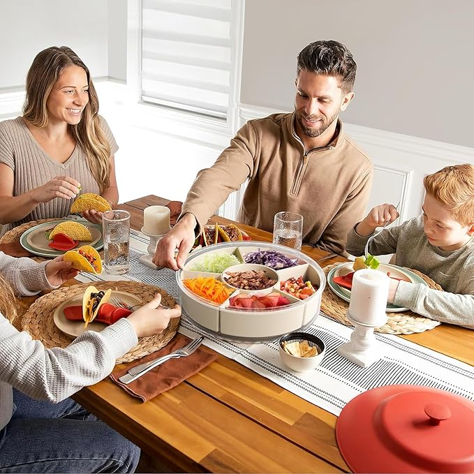 Divided Serving Tray with Lid and Handle,Large Snack Spinner,Snackle Box Container, Multi-Purpose Food Platter for Charcuterie Veggie Fruit, Taco Tuesday Movie Night Travel Beach Picnic Essentials