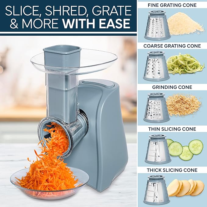 COOK WITH COLOR 5-in-1 Electric Slicer, 150W Food Prep Machine – Parmesan Shredder, Fine & Coarse Graters, Potato Grater, Vegetable Slicer, Compact Design for Bowl Prep, Blue/Grey