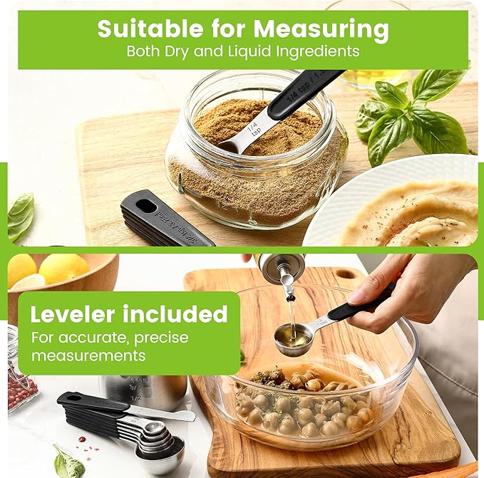 Spring Chef Stainless Steel Magnetic Measuring Spoons Set of 8 with Leveler, Round Metal Teaspoon & Tablespoon Measuring Spoons - Kitchen Gadgets For Baking and Cooking