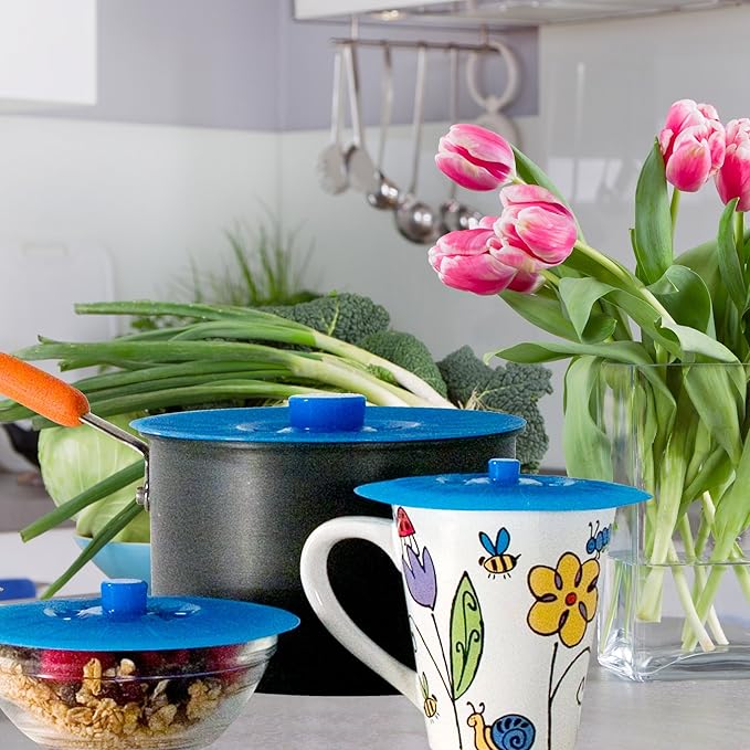 Silicone Bowl Lids Blue Set of 5 Reusable Suction Seal Covers for Bowls, Pots, Cups. Food Safe. Natural grip, interlocking handles for easy use and storage.