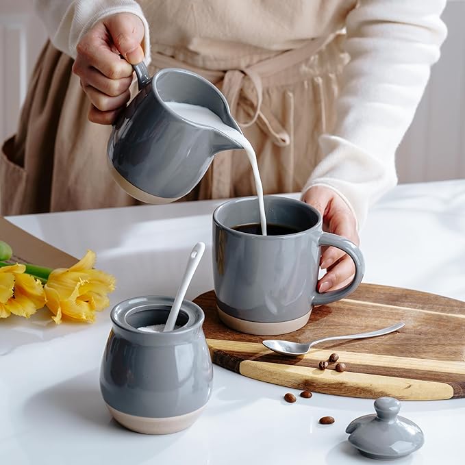 famiware Milkyway Ceramic Sugar and Creamer Set, 10oz Sugar Bowl & 13oz Creamer Set – Stoneware Milk Pitcher & Sugar Dispenser for Coffee Bar, Kitchen, or Countertop, Coffee Serving Set, Dark Gray
