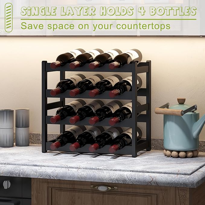 BMOSU Bamboo Wine Rack Wine Storage Cabinet Shelf 16 Bottle Wine Racks Countertop Sturdy for Kitchen Dining Room Pantry - 4 Tiers Wine Rack(Black)