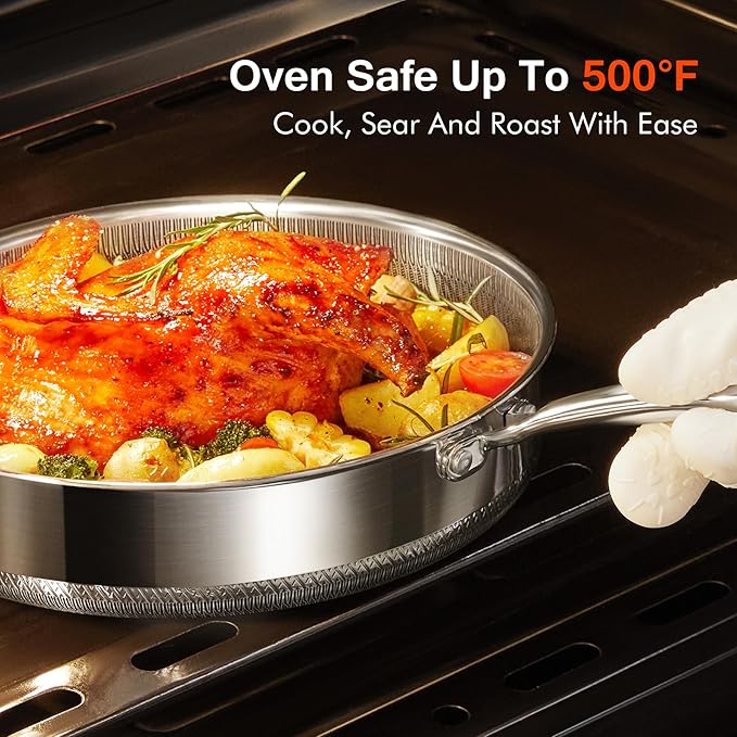 Hybrid Stainless Steel Pots and Pans Set Non Stick 10 Piece Tri-play Nonstick Cookware Sets Non-toxic Saute Pan with Tempered Glass Lids,Stay Cool Handles,Induction Dishwasher&Oven Safe