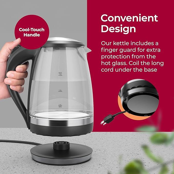 MuellerLiving Glass Kettle 1.5L 1500W LED Light Electric Tea Kettle Automatic Shut-Off with SpeedBoil Tech and Boil-Dry Protection