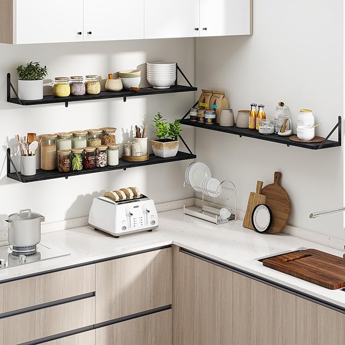 Heimlove 48 Inch Large Floating Bookshelves Set of 3,Black Wall Mounted Bookshelves,Heavy Duty Wooden Shelves for Living Room,Bedroom,Kitchen,Laundry Room Storage & Decor