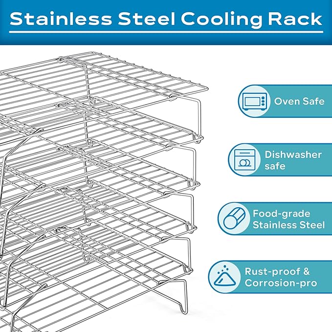 15IN x 10IN Cooling Baking Rack Set of 5, Leonyo 5-Tier Stackable Stainless Steel Wire Baking Cooking Racks Set for Cookie, Pizza, Cup Cake, Raised & Folding Feet