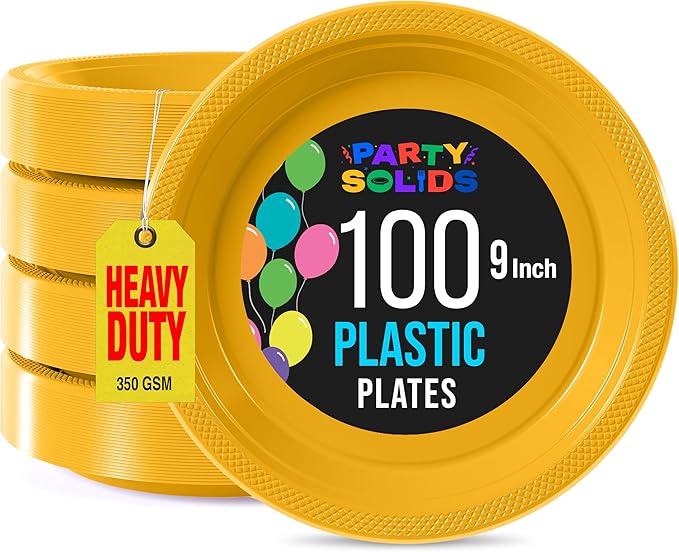 Exquisite Party Solids Yellow Plastic Plates For Party 9" Yellow Disposable Plates Heavy Duty Supplies 100 Pcs Plastic Dinnerware Sets Heavy Duty 350 GSM Disposable Dinnerware Set