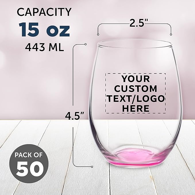 Custom Stemless Wine Glasses in Bulk by ARC Perfection, 15 oz, 50 pack, Personalized Text, Logo, Red or White Wine Glass Set, Pink