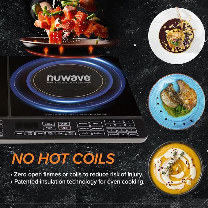 Nuwave Double Cooktop Induction Countertop Burner, Portable, 900 & 1800W, 100°F to 575°F, Large 8” Heating Coil, 50 Pre-Programmed Settings, Shatter-Proof Ceramic Glass, Built-In Safety Auto Shut Off