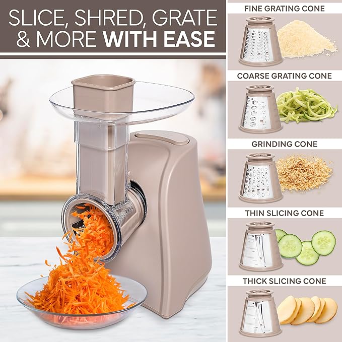 COOK WITH COLOR 5-in-1 Electric Slicer, 150W Food Prep Machine – Parmesan Shredder, Fine & Coarse Graters, Potato Grater, Vegetable Slicer, Compact Design for Bowl Prep, Warm Grey