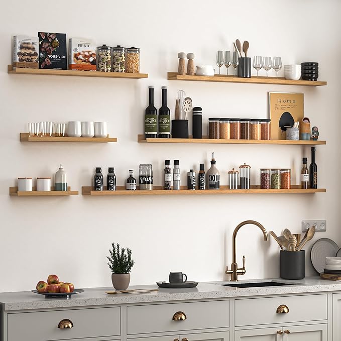 Heimlove Picture Ledge Shelf, Floating Shelves Set of 2, 48 Inches Picture Shelf for Wall with Ledge, Kids Bookshelf Wall Mounted for Living Room Bedroom Decor Books Photo Frames, Natural Oak