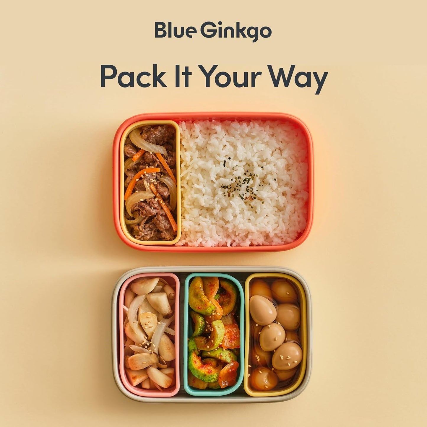 BLUE GINKGO Silicone Lunch Box Set – Durable Heavy-Duty Silicone Bento Box, Microwave, Freezer, Dishwasher Safe – Airtight, BPA Free (Made in Korea, Coral)