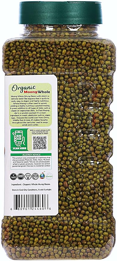 Rani Organic Moong Whole (Whole Mung Beans with Skin) Indian Lentils 32oz (2lbs) 908g PET Jar ~ All Natural | Vegan | Gluten Friendly | NON-GMO | Indian Origin | USDA Certified Organic