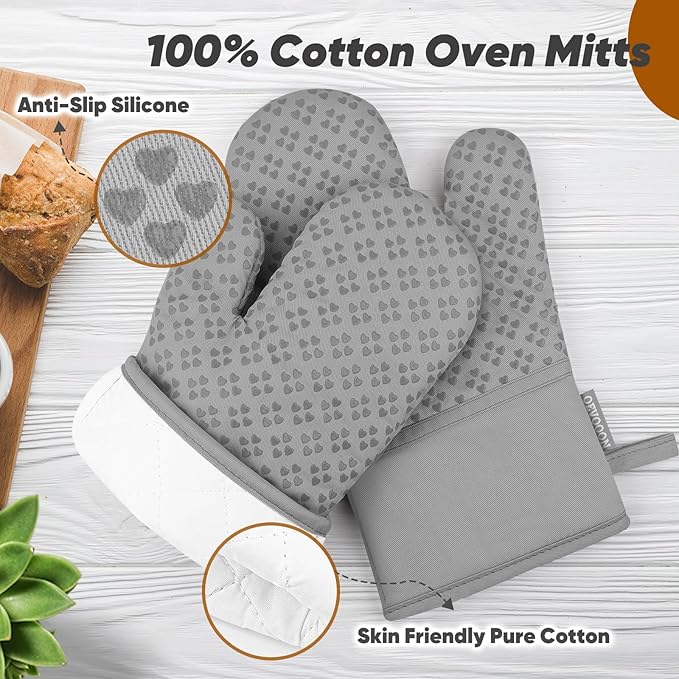 Oven Mitts and Pot Holders 4 Sets, Heat Resistant 500 ℉ Oven Mitt and Pot Holder,Oven Glove&Potholders with Non-Slip Silicone Surface,Kitchen Essentials for Cooking/Baking/BBQ-Grey
