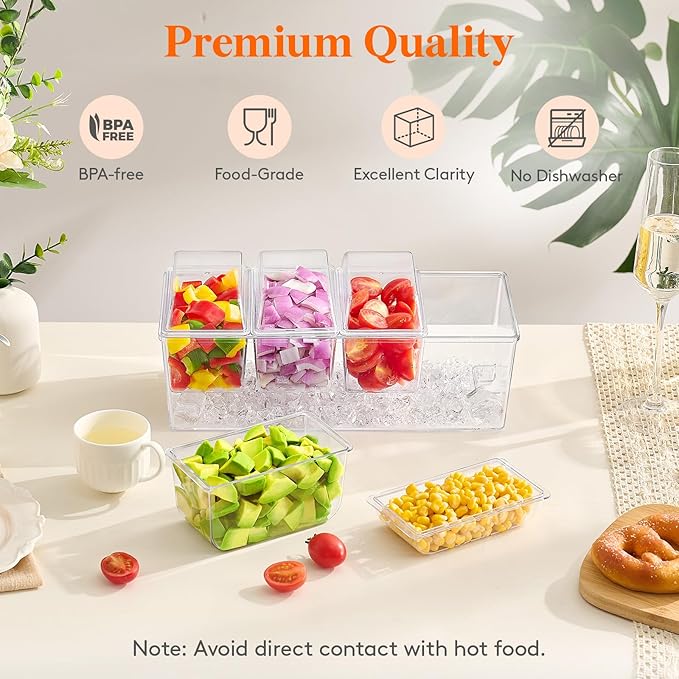 Lifewit Taco Bar Serving Set for Party with 4 Containers(2.5 Cup) & Components, Large Ice Chilled Condiment Caddy Organizer, Garnish Serving Tray Platter for Mimosa Bar Accessories, Fruit, Salad, Food