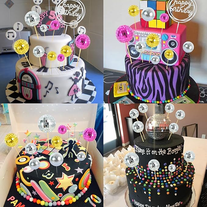 BEISHIDA 27 PCS Disco Ball Cake Topper 1970s Disco Decorations Mirror Ball Cupcake Toppers for Disco Theme Party 70s 80s Disco Party Birthday Cake Anniversary Wedding Cake Decorations