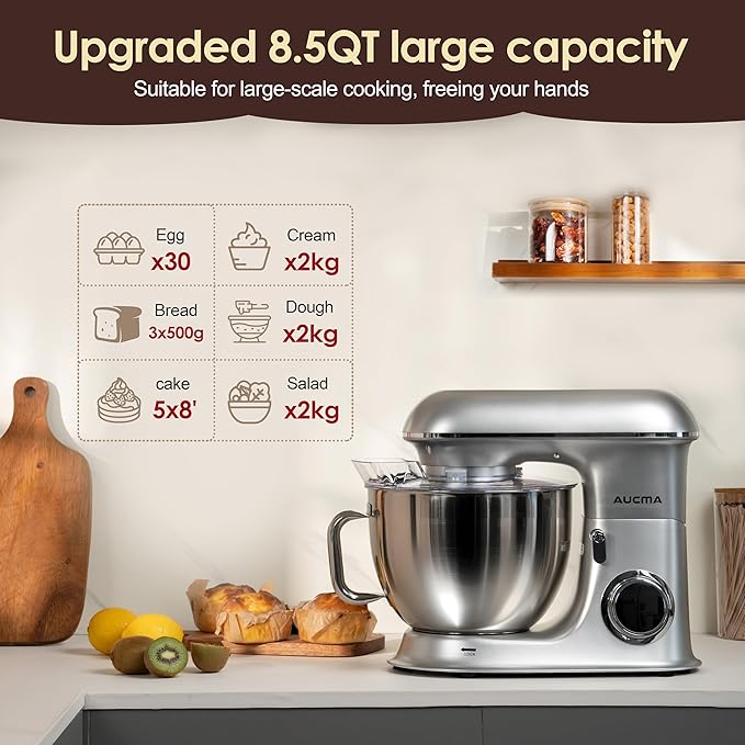 Aucma Stand Mixer,8.5QT 900W Kitchen Mixer, Large Capacity Kitchen Electric Mixers with Dough Hook, Wire Whip & Beater