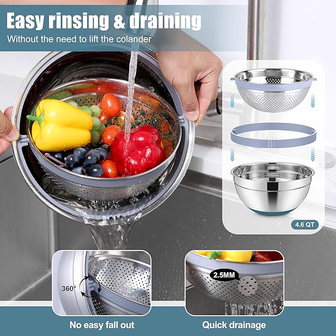 E-far Mixing Bowls with Lids Set, 15PCS Stainless Steel Mixing Nesting Bowls with Colander and 3 Metal Graters for Kitchen, Non-Slip Bottom & Airtight Transparent Lid, 4.6, 3, 1.5, 1, 0.7QT, Blue