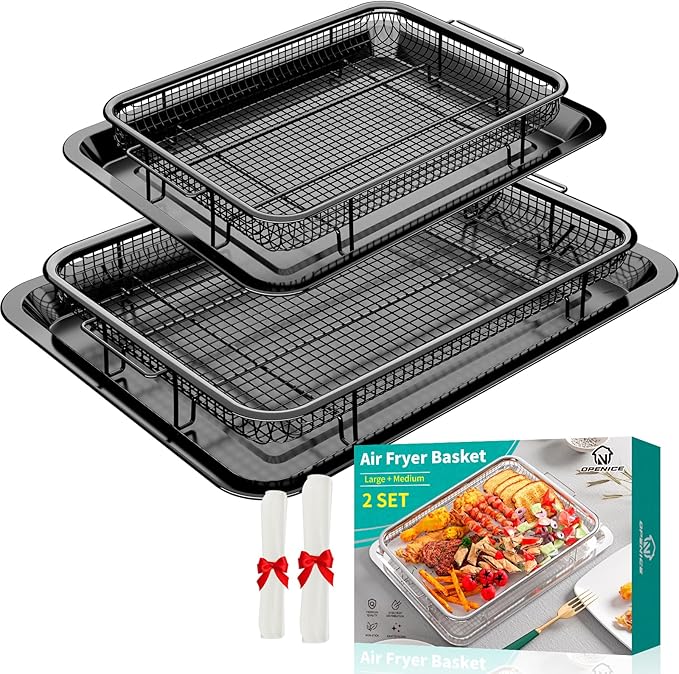 Air Fryer Basket, OPENICE 2 Set Air Fryer Pan and Crisper Tray for Oven, Non-stick Oven Air Fryer Basket for Baking and Crispy Foods - Black
