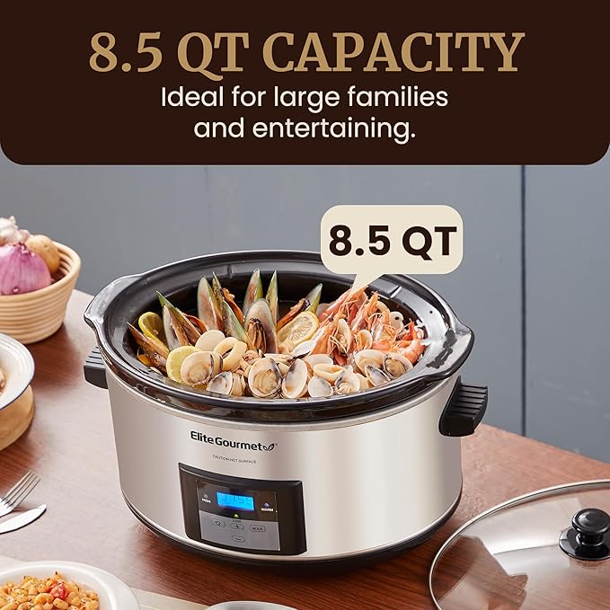 Elite Gourmet MST-900D 8.5Qt Digital Programmable XL Jumbo Slow Cooker, Adjustable Temp, Entrees, Sauces, Stews & Dips, Dishwasher Safe Glass Lid & Crock, Stainless Steel