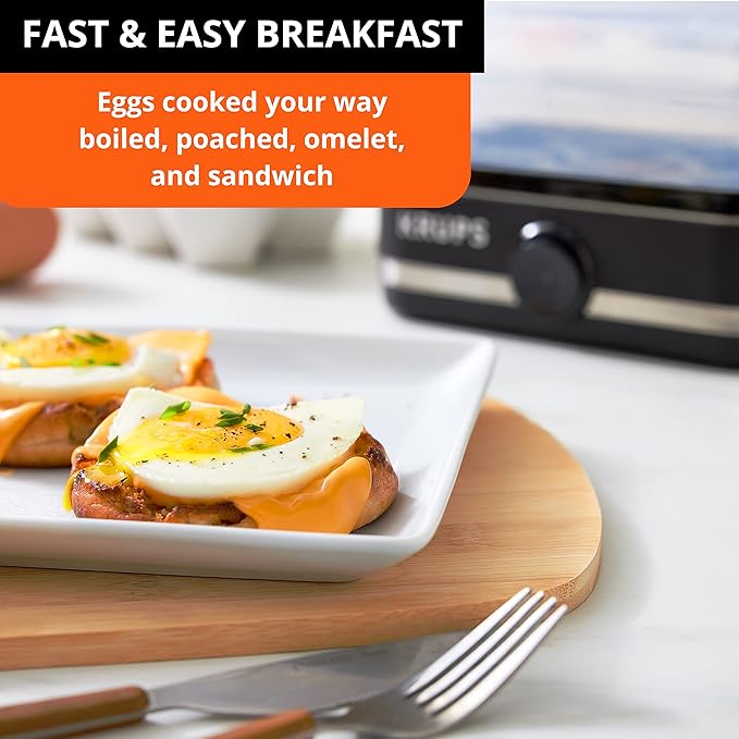 KRUPS: Simply Electric Plastic and Stainless Steel Egg Cooker 6 Eggs 400 Watts Hard, Medium, and Soft Boiled, Poached, Scrambled, Omelets, Rapid Cook Black