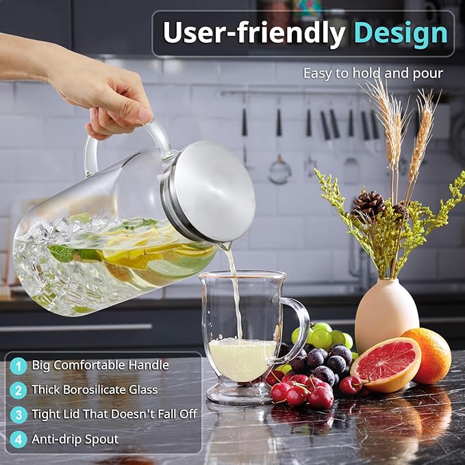 1 Gallon Glass Pitcher with Lid and Spout, Bivvclaz Glass Water Pitcher for Fridge, Glass Carafe for Hot/Cold Water, Iced Tea Pitcher, Large Jug for Coffee, Juice and Homemade Beverage
