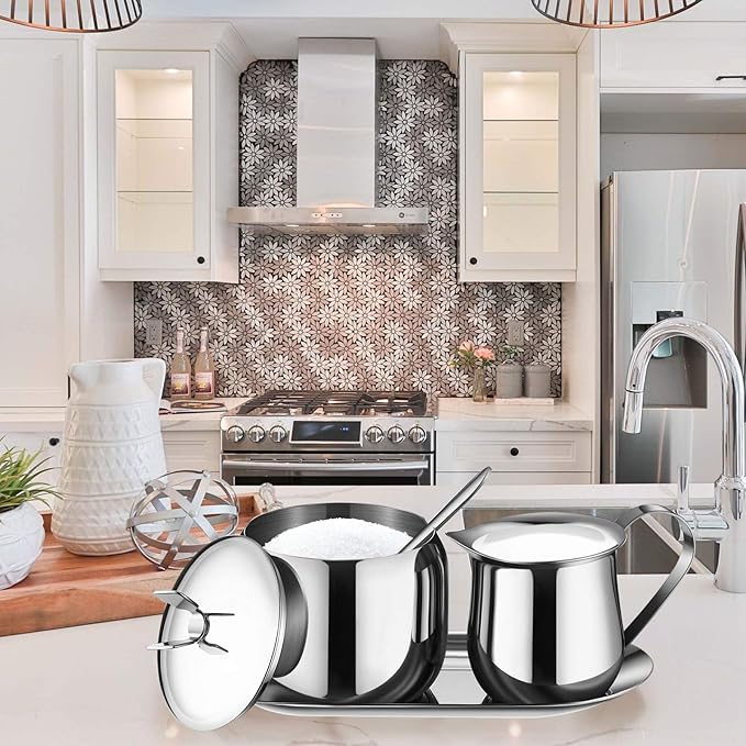 Creamer and Sugar Bowl Set Stainless Steel Latte Milk Cup Cream Jug and Sugar Bowl with Lid Spoon Tray for Coffee Serving Set Frothing Milk