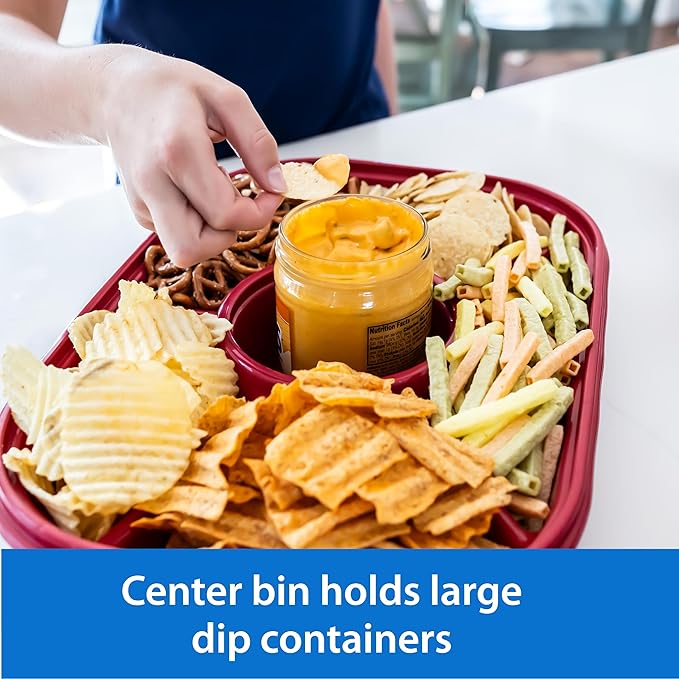 Buddeez Red Jumbo Divided Serving Tray - 6 Bins for Party Platter with Lid, Snackle Box Container, Appetizers, Desserts, Snacks & More