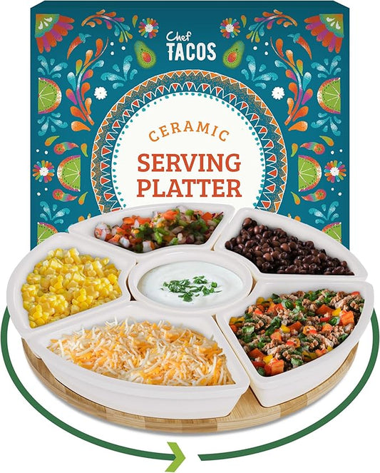 Ceramic Taco Serving Platter - Divided Serving Tray for Taco Tuesday Lazy Susan Taco Bar - Chip and Dip Serving Set for Party - Appetizer Serving Tray for Salsa, Snacks (10 in)