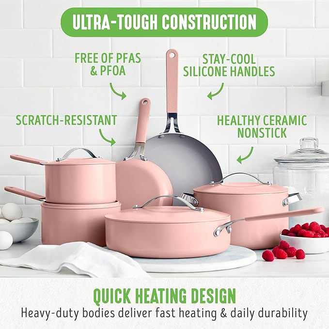GreenLife 10-Piece Nonstick Ceramic Cookware Set, Lightweight Healthy PFAS-Free Pots & Pans with Lids, Dishwasher & Oven Safe, Durable Body, Silicone Stay-Cool Handles, Easy Release, Pink