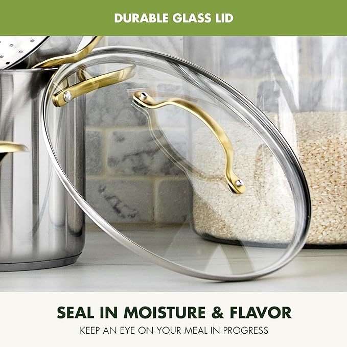 GreenPan 11 Piece Stainless Steel Cookware Set, Induction Ready, Tri-Ply Multiclad Pots & Pans with Lids, Compatible on All Cooktops, Measurement Markings, Dishwasher & Oven Safe, Swift, Gold Handles