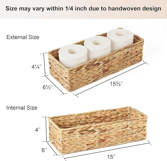 StorageWorks Toilet Tank Basket for Bathroom, Water Hyacinth Storage Baskets for Toilet Tank Top, 2-Pack