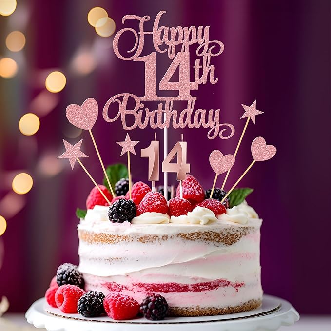 14th Birthday Cake Decorations, 14th Birthday Candles Cake Numeral Candles and Glitter Happy 14th Birthday Cake Toppers Set for Birthday Party Supplies (Rose Gold)
