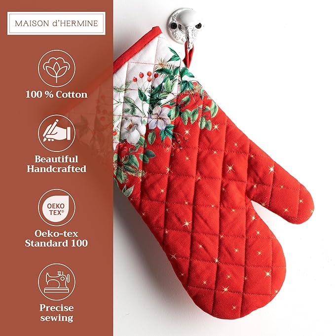 Maison d' Hermine Oven Gloves 100% Cotton Oven Mitt 7" x 13" with Loop Heat Resistant, BBQ, Cooking Gloves, Baking, Grilling, Kitchen, Handling Hot Pans (Pack of 1, Noel)