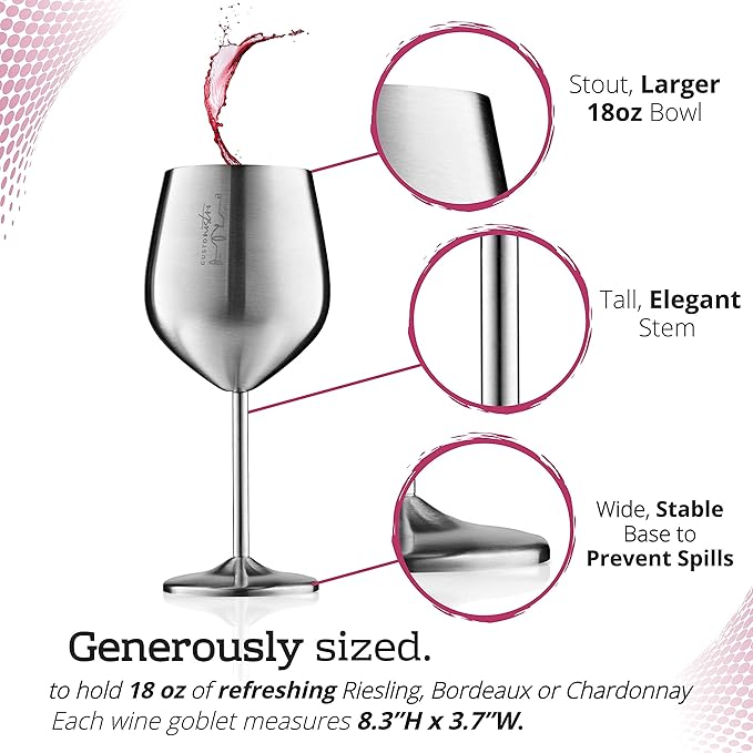 Gusto Nostro Stainless Steel Wine Glass - 18 oz - Cute, Unbreakable Wine Glasses for Travel, Camping and Pool - Fancy, Unique and Cool Portable Metal Wine Glass for Outdoor Events, Picnics (Set of 2)