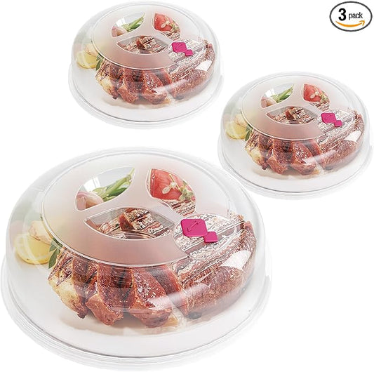 Microwave Splatter Cover 12 Inch Large Plate Cover for Microwave Oven 2 in 1 Food Grade Plastic with Silicone Air Vent Tall Lid BPA Free 3 Pack Clear
