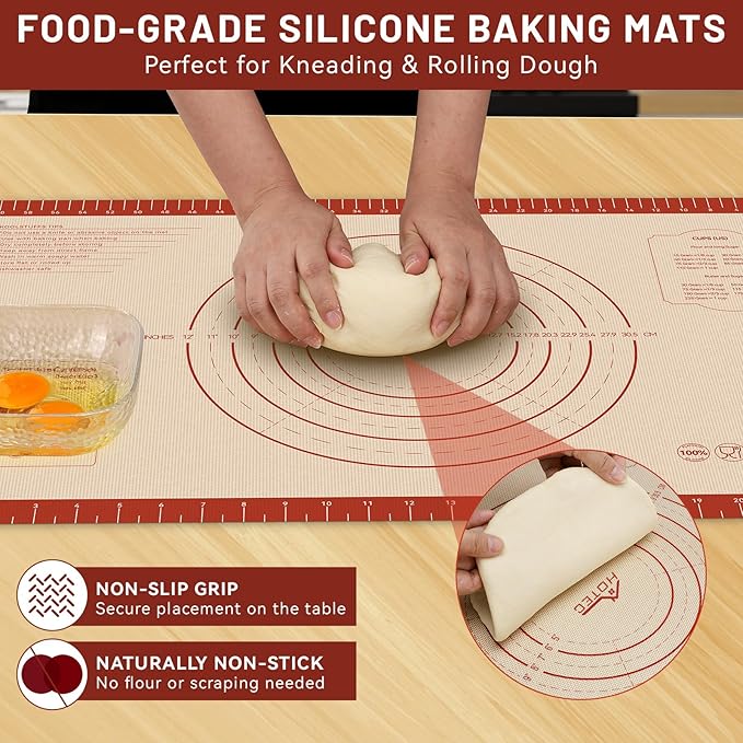 HOTEC Silicone Baking Mat - 26x16 Thickened Pastry Dough Mat with Measurement Non-Stick For Dough Rolling, Bread, Oven Liner, Kitchen Counter, Fondant/Pie Crust