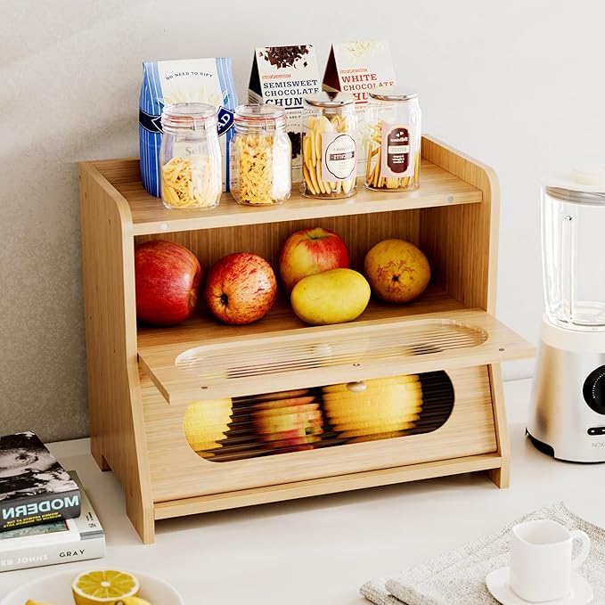 Bread Box for Kitchen Countertop,Double Layer Large Capacity Bamboo Bread Storage Container with Acrylic Wavy Door Panel for Kitchen Counter,Cabinet,Pantry(Natural Bamboo)