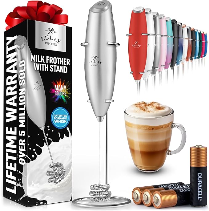 Zulay Kitchen Tornado Whisk Milk Frother with 4 AA Duracell Batteries - Triple Whisk for More Power - Handheld Coffee Frother with Stand - Drink Mixer for Lattes, Matcha & Protein Shakes