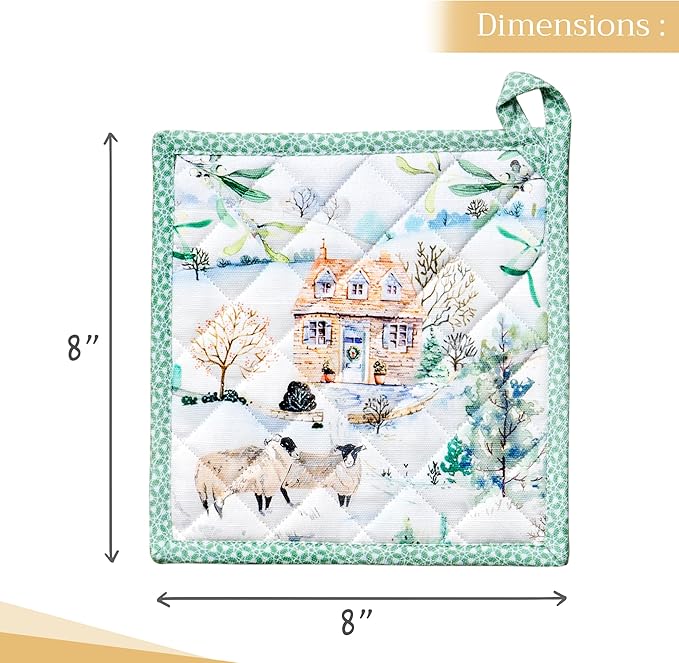 Maison d' Hermine Pot Holders Set 100% Cotton Heat Resistant Potholders 8" x 8" Hot Pads with Loop BBQ, Cooking, Baking, Grilling, Kitchen, Handling Hot Pans (Pack of 2, Snowy World)