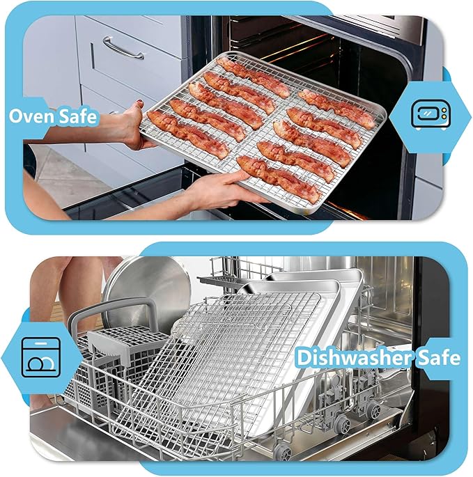 TeamFar Cookies Sheet with Rack, 16 x 12 x 1 Inch Stainless Steel Baking Sheet Tray Pans with Grid Wire Racks for Cooling Baking Roasting, Non-Toxic & Heavy Duty, Dishwasher Safe, 2 Pans + Racks