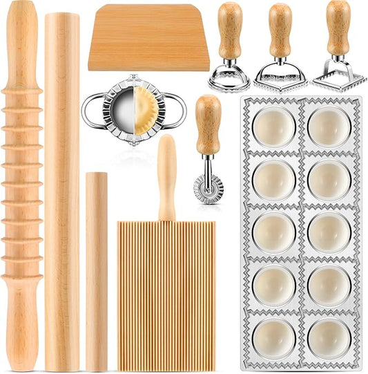 12 Piece Ravioli Mold Set with Press, Scraper, Cutter, Pierogi Maker, Rolling Pin, Gnocchi Board, Wooden Roller, and 4 Ravioli Stamp Maker Cutters for Making Pasta, Dumplings, and Pierogi