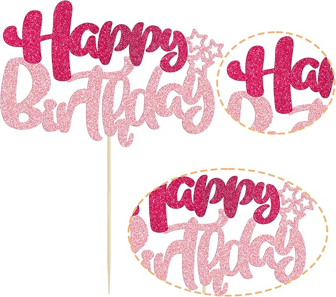 Ephlyn 1Pcs Glitter Happy Birthday Cake Topper for Celebrating Anniversary Theme Party Cake Decorations Supplies Rose Red Pink