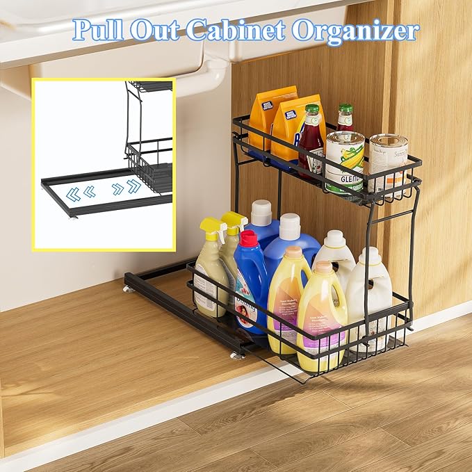 2 Pack Under Sink Organizers and Storage, 2 Tier Pull Out Cabinet Organizer, Metal Sliding Drawer Storage for Kitchen Bathroom，Black
