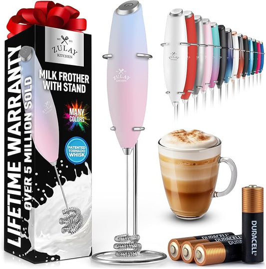 Zulay Kitchen Tornado Whisk Milk Frother with 4 AA Duracell Batteries - Triple Whisk for More Power - Handheld Coffee Frother with Stand - Drink Mixer for Lattes, Matcha & Protein Shakes