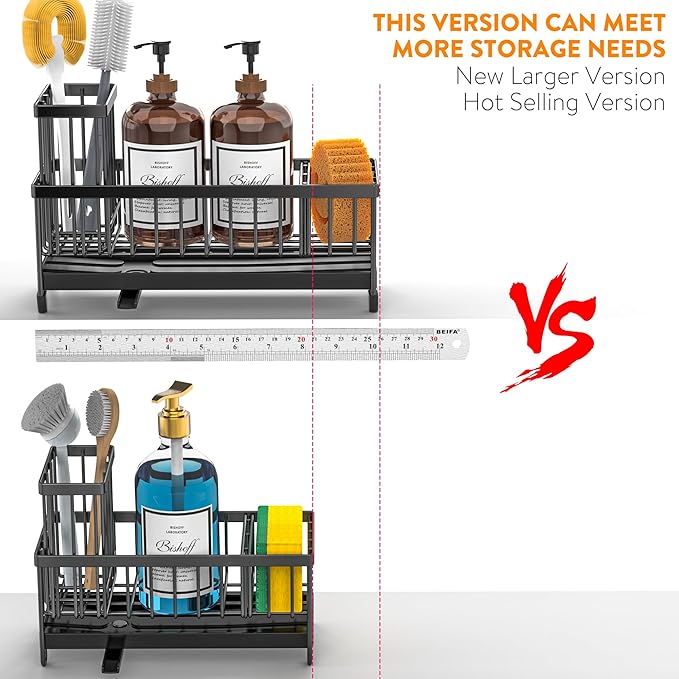 Cisily Extra Large Black Sponge Holder for Kitchen Sink, Sink Caddy Organizer with High Brush Holder, Kitchen Countertop Organizers and Storage Essentials, Rustproof 304 Stainless Steel