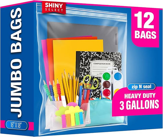 Extra Large Plastic Storage Bags With Zipper Top 3 Gallon 16" x 18" Jumbo Size Bag Heavy Duty 3 Mil Thick Clear X-Large Big Zip Bags for Food Freezer Clothes Travel Moving (12)